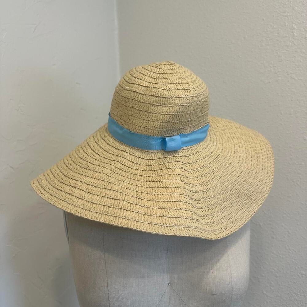 Large brimmed summer straw paper cream and blue bow detail hat